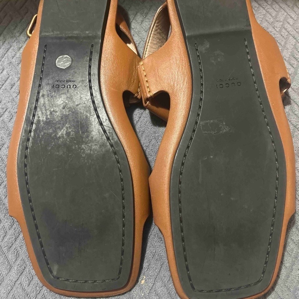 RARE SET Gucci Marmont Tan Leather Flat Sandals Size 39 / US 9 + Rainbow Dustbag - Picture 10 of 15